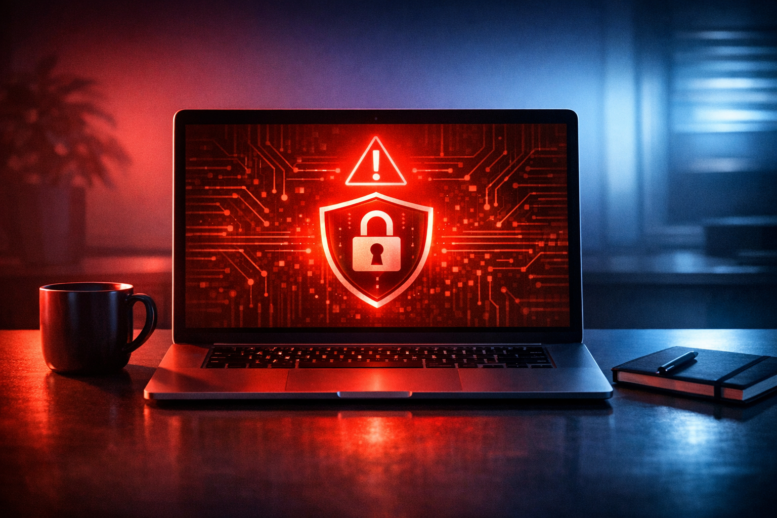 Portátil mostrando alerta de seguridad con escudo rojo en un escritorio de oficina - ciberseguridad para pymes